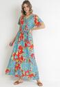 Niebiesko-Czerwona Kopertowa Sukienka Maxi z Gumką w Pasie w Kwiaty z Wiskozy Aryna