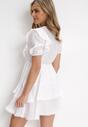 Biała Rozkloszowana Sukienka Mini z Gumką w Talii i Koronkowymi Wstawkami Kiva