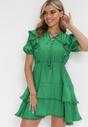 Zielona Rozkloszowana Sukienka Mini z Gumką w Talii i Koronkowymi Wstawkami Kiva