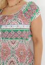 Zielono-Różowa Bawełniana Sukienka Maxi we Wzory z Hiszpańskim Dekoltem i Gumkami w Talii Teena
