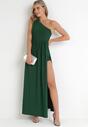 Zielona Asymetryczna Sukienka Maxi z Rozkloszowanym Dołem i Wycięciem z Brokatem Acaisa