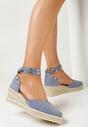 Niebieskie Sandały na Koturnie ze Sznurkiem i Paskiem z Ćwiekami Ophisine