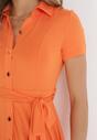 Pomarańczowa Koszulowa Sukienka Mini z Guzikami i Materiałowym Paskiem Idophira