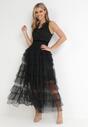 Czarna Sukienka Maxi z Tiulowym Dołem i Koronkową Górą Deliva