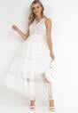 Biała Sukienka Maxi z Tiulowym Dołem i Koronkową Górą Deliva
