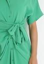 Zielona Koszulowa Sukienka Midi z Ozdobnym Wiązaniem i Marszczeniem Eudolia