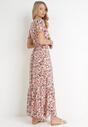 Różowa Sukienka Maxi z Gumką w Talii w Kwiaty z Wiskozy Eudatha