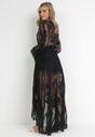 Czarna Asymetryczna Narzutka Sukienka Maxi z Głębokim Dekoltem z Koronkowej Tkaniny Itzamara