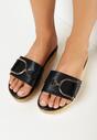 Czarne Klapki na Korkowej Podeszwie z Metalową Ozdobą Emry