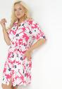 Fuksjowo-Biała Koszulowa Sukienka w Kwiaty z Wiązanym Paskiem Laritasia