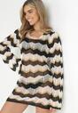 Czarno-Biała Ażurowa Tunika Narzutka w Paski z Wiązaniem na Plecach Nicolita