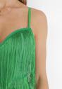 Zielona Sukienka Mini na Regulowanych Ramiączkach Zdobiona Frędzlami Tristi