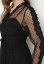 Czarna Tiulowa Sukienka Midi z Koronkowymi Tasiemkami i Długimi Rękawami Kabienne
