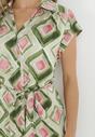 Zielona Koszulowa Sukienka Midi z Geometrycznym Wzorem i Materiałowym Paskiem Eugenania
