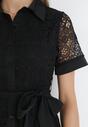 Czarna Koszulowa Sukienka Koronkowa z Wiązanym Paskiem Ariata