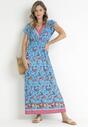 Niebieska Kopertowa Sukienka Maxi z Gumką w Pasie we Wzór Paisley Anitte