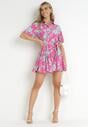 Różowo-Zielona Koszulowa Sukienka Mini z Materiałowym Paskiem w Kwiaty Alirea