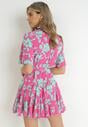 Różowo-Zielona Koszulowa Sukienka Mini z Materiałowym Paskiem w Kwiaty Alirea