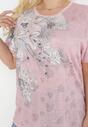 Różowy T-shirt Ozdobiony Cyrkoniami i Nadrukiem w Kwiaty Mollin