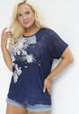 Granatowy T-shirt Ozdobiony Cyrkoniami i Nadrukiem w Kwiaty Mollin