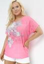Fuksjowy T-shirt Ozdobiony Cyrkoniami i Nadrukiem w Kwiaty Mollin