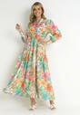 Zielona Rozkloszowana Sukienka Maxi z Gumką w Talii w Kwiaty Tanak