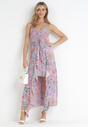 Różowo-Fioletowa Sukienka Maxi na Cienkich Ramiączkach z Dłuższym Tyłem Holtisa