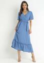 Niebieska Sukienka Maxi z Gumką w Talii i Kopertowym Dekoltem Lesite