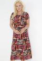 Ciemnoróżowa Sukienka Midi z Gumką w Pasie w Abstrakcyjny Wzór Casmalia