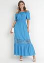 Niebieska Sukienka Hiszpanka ze Zdobieniem z Koronki Zinnin
