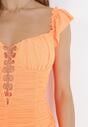 Pomarańczowa Marszczona Sukienka Mini z Siateczki z Ozdobnym Dekoltem Yinovo