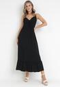 Czarna Sukienka Maxi na Cienkich Ramiączkach z Gumką w Pasie i Kopertowym Dekoltem Haenithe