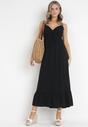Czarna Sukienka Maxi na Cienkich Ramiączkach z Gumką w Pasie i Kopertowym Dekoltem Haenithe