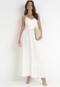 Biała Wiskozowa Sukienka Maxi na Ramiączkach z Falbankami Rosienda