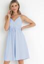 Jasnoniebieska Gładka Sukienka Midi z Kopertowym Dekoltem i Marszczoną Gumką w Talii  Alery