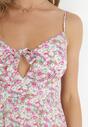 Różowo-Biała Rozkloszowana Sukienka Mini w Kwiaty na Cienkich Ramiączkach Odisa