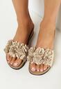 Beżowe Klapki na Niskim Koturnie z Ozdobnymi Kwiatkami Lundia