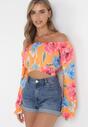 Pomarańczowa Wiązana Bluzka w Kwiaty z Długim Rękawem i Hiszpańskim Dekoltem Muai