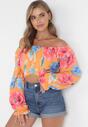 Pomarańczowa Wiązana Bluzka w Kwiaty z Długim Rękawem i Hiszpańskim Dekoltem Muai