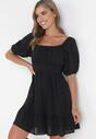 Czarna Sukienka Mini z Wiązaniem na Plecach i Falbanką Morenitta