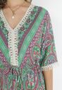 Zielona Rozkloszowana Sukienka Maxi z Wiskozy Ozdobiona Frędzlami Tetoni