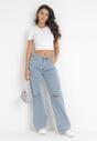 Niebieskie Szerokie Jeansy High Waist z Dziurami Selime