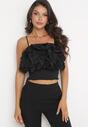Czarny Krótki Top na Ramiączkach z Ozdobnymi Falbanami Angeta