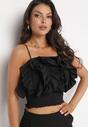 Czarny Krótki Top na Ramiączkach z Ozdobnymi Falbanami Angeta