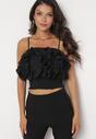 Czarny Krótki Top na Ramiączkach z Ozdobnymi Falbanami Angeta