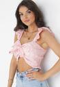 Różowy Top na Szerokich Ramiączkach z Falbanką i Materiałowym Paskiem Noraina
