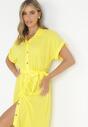 Żółta Koszulowa Sukienka Midi z Gumką w Talii i Materiałowym Paskiem z Wiskozy Skeisa