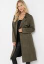 Zielony Płaszcz Zapinany na Guziki z Materiałowym Paskiem i Kieszeniami Karmell