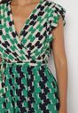 Zielona Rozkloszowana Midi Sukienka w Geometryczny Wzór z Gumką w Talii Elizzel