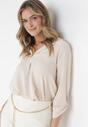Beżowa Bluzka z Kołnierzykiem i Rękawem 7/8 Maki